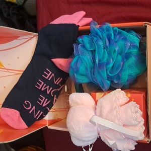 Gift box with: bring me some wine socks, candle holder, eye mask, head band etc.